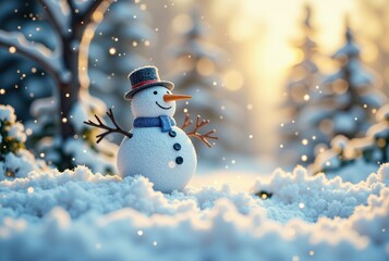Obraz premium Snowman in Winter Landscape with Falling Snow