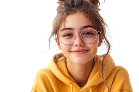 A young girl with glasses smiles warmly