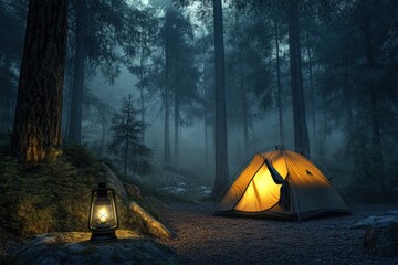 Camping in a foggy forest with a glowing tent and lantern illuminating the campsite Generative AI