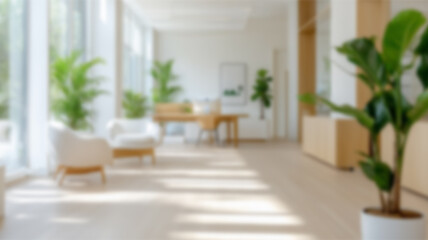 Blurred background of inspiring minimalist scandinavian office design featuring ample natural light, contemporary furniture, and lush greenery for a serene workspace. AI Generated Images