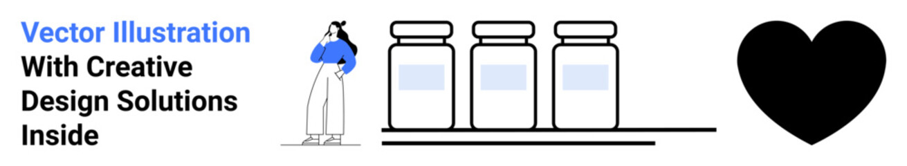 Person inspecting jars on shelf, accompanied by large black heart. Ideal for product evaluation, creativity, design, healthcare, love, consumer behavior, flat landing page banner