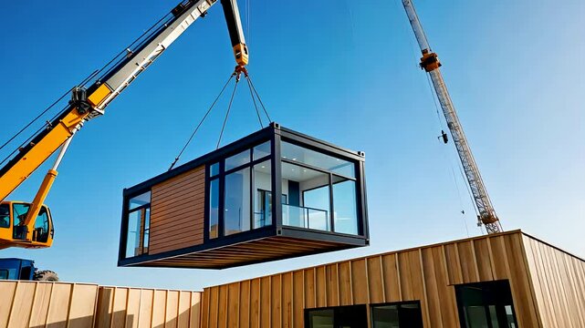 Modular home construction with prefabricated housing unit being lifted by cranes at an urban development site

