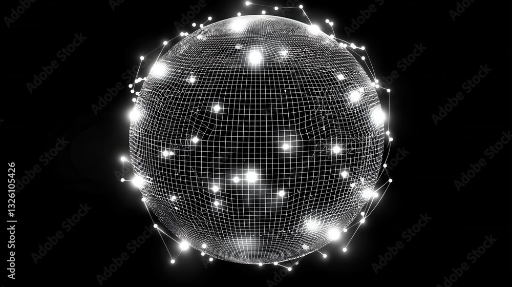 Poster a futuristic minimalist design featuring a shimmering wireframe sphere with a lattice like grid patt