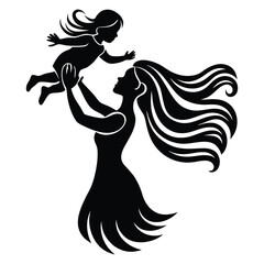 A beautifully designed black silhouette vector featuring a mother lifting her child with love and care. Perfect for Mother’s Day greeting cards, holiday clipart, and family-themed artworks