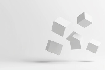 Fototapeta premium Minimalist 3D abstract cubes floating in space, soft shadows, isometric perspective, modern design, white background