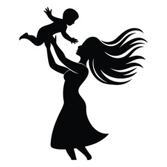 A beautifully designed black silhouette vector featuring a mother lifting her child with love and care. Perfect for Mother&rsquo;s Day greeting cards, holiday clipart, and family-themed artworks