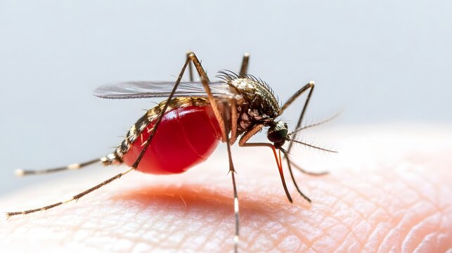 Mosquito Feeding on Red Liquid on Isolated White Background