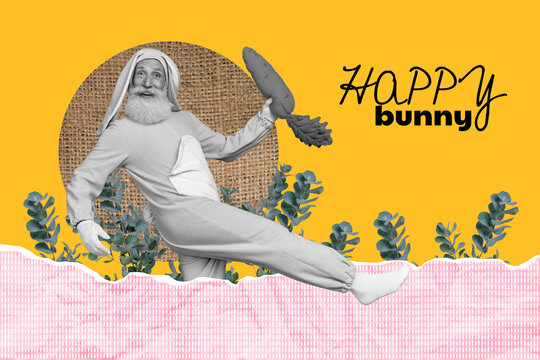 Creative photo picture collage retired funny cute grandfather rabbit costume step go happy bunny easter celebration carrot harvest hunt