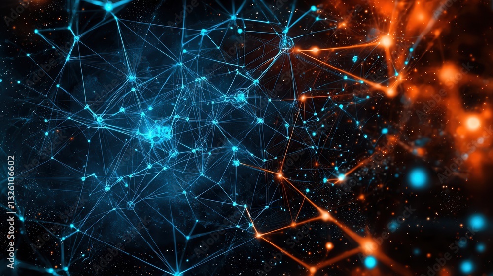 Poster abstract visualization of a global neural network showcasing the complex interconnections and flow o