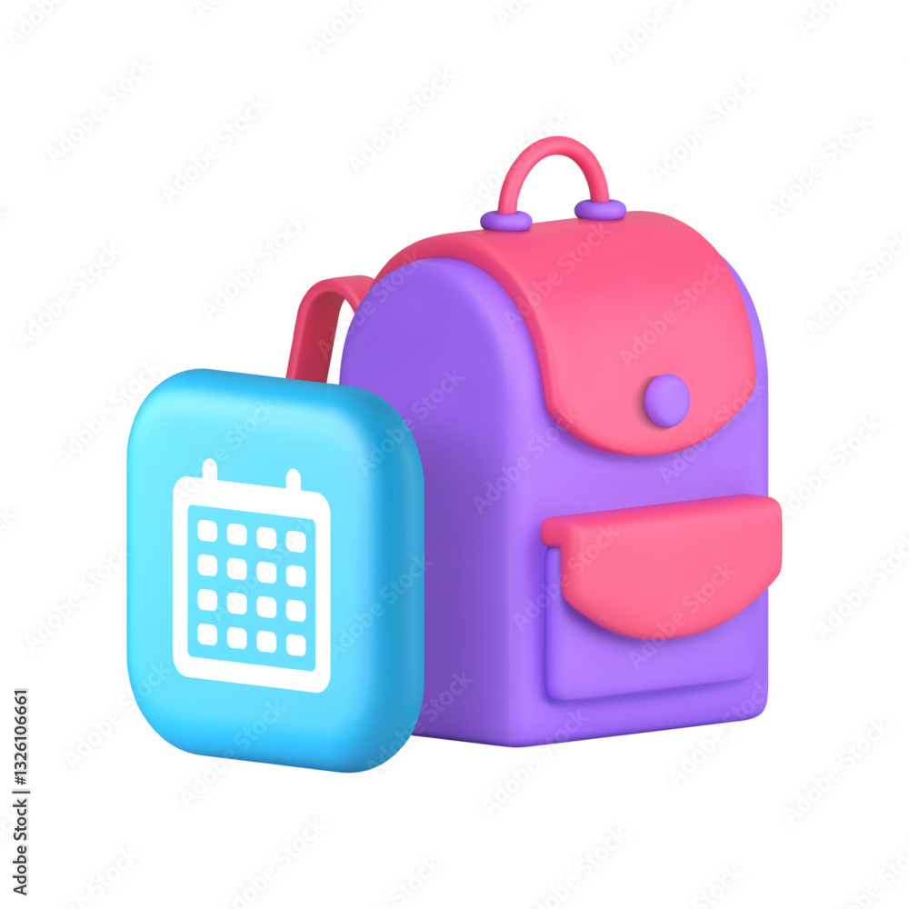 Poster back to school calendar data reminder with backpack 3d icon realistic vector illustration. preschool