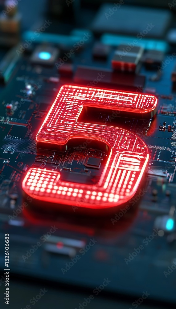 Poster glowing red 3d number five on futuristic circuit board microchip technology background