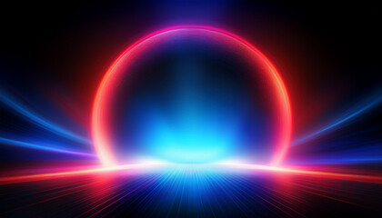 Blurred blue-red color round in the distance ultraviolet radiance soft texture wide angle on dark black abstract empty space background. Neon blur glow. Color light overlay.