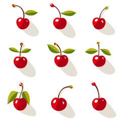 Very Simple flat 2D icon cherry set collection isolated on a white background, vector, flat design, animation design, simple flat 2D icon, minimalist design, clipart