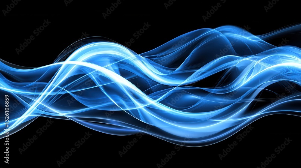 Poster mesmerizing blue digital waves and abstract light trails flow organically across a dark background c