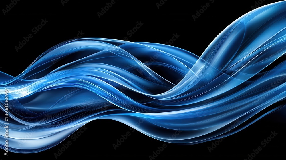 Poster glowing blue futuristic waves of dynamic flowing data movement across a dark background