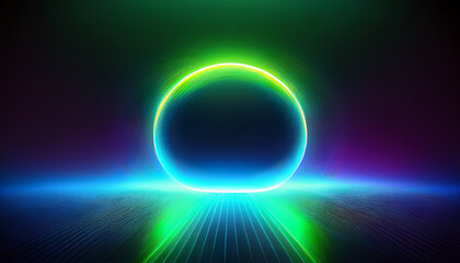 Obraz premium Neon blur glow. Blurred blue-green color round in the distance ultraviolet radiance soft texture wide angle on dark black abstract empty space background. Color light overlay.