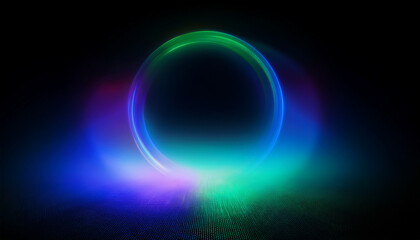 Obraz premium Neon glow blurred blue-green color round mystical teleport. Neon color geometric circle on the black background.
