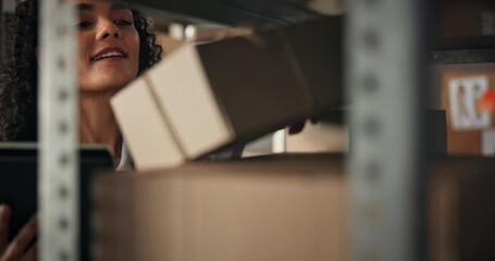 Woman, boxes and search with order for distribution, parcel inspection or quality control for cargo. Distributor, tablet and digital list for ecommerce package, supply chain or logistics of courier