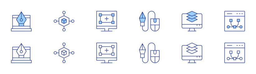 Obraz premium Design icon set in two styles, Duotone and Thin Line style. Editable stroke. pen, 3d design, design thinking, design tool, layers, vector