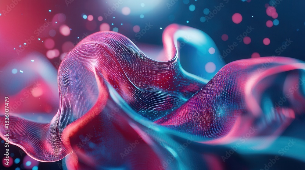 Poster mesmerizing abstract image featuring dynamic flowing waves of glowing neon pink and blue hues agains