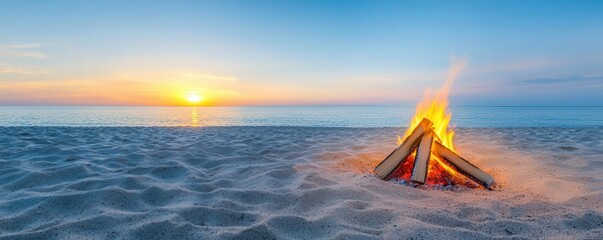 Beach bonfire on goldenlit sands, the flames reflecting warm tones into the colorful sunset backdrop, 3D render