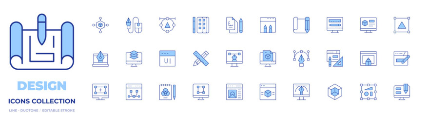 Design icons collection. Line Duotone style, editable stroke. object, pen, draft, 3d design, graphic design, design, design thinking, web design, d design