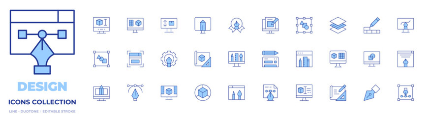 Design icons collection. Line Duotone style, editable stroke. website design, web design, graphic design, design, d design, blueprint, pen, build, membrane