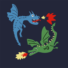 Dragon battle fire carton hand drawn illustration vector