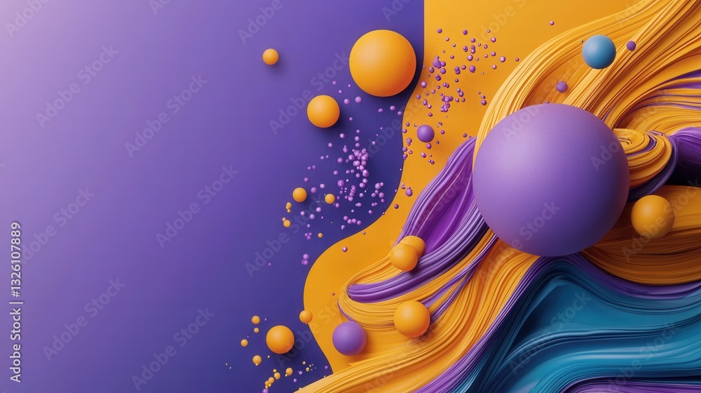 Poster a mesmerizing abstract composition featuring vibrant glowing spheres and fluid motion creating a sur
