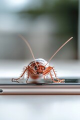 Naklejka premium A cockroach stands on the screen of a smartphone, its legs lightly touching the glass. The softly blurred background features a desk, creating a contemporary and tech-oriented atmosphere