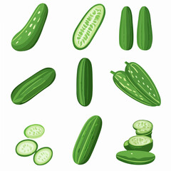 Very Simple flat 2D icon sliced green cucumber set collection isolated on a white background, vector, flat design, animation design, simple flat 2D icon, minimalist design, clipart