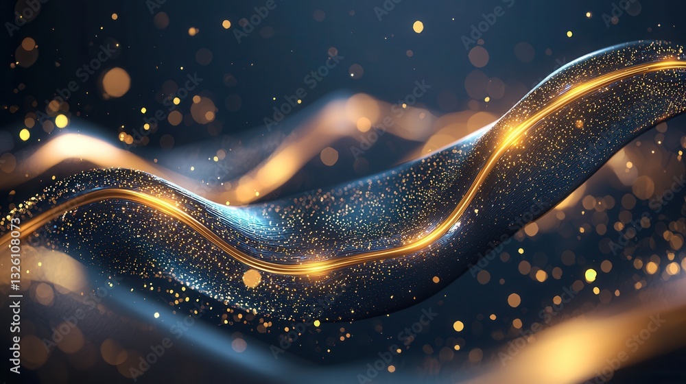 Poster undulating waves of golden neon energy punctuated by a soft sparkling display of bokeh lights agains