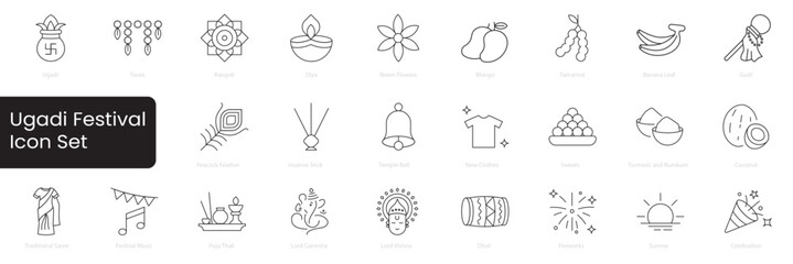 ugadi festival icon set. vector thin line icons for web design, mobile app. Gudi, Mango,L,eaves, Rangoli, Ugadi, Pachadi, Diya, Feast.