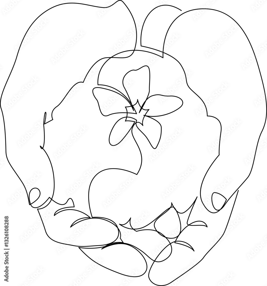 Poster continuous one line drawing of hands holding seedling growing from soil. environment earth day conce