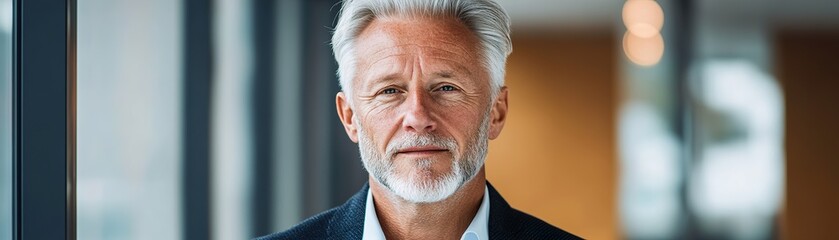 Senior businessman dressed in a sleek blazer stands confidently against a modern office backdrop. He exudes wisdom and approachability, creating a strong corporate presence