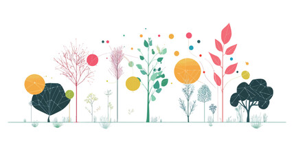 A stylized illustration depicting a row of various trees and plants against a white background.  The style is minimalist and graphic, with simplified forms and bold, flat colors.  The color palette
