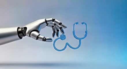 A Stylized Robotic Arm, Crafted From Polished Silver Metal, Gently Holding a Stylized Stethoscope Icon
