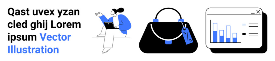 Woman seated using a laptop, fashionable handbag with price tag, and chart displaying analytical data. Ideal for e-commerce, fashion, online shopping, analysis, marketing, business flat landing page
