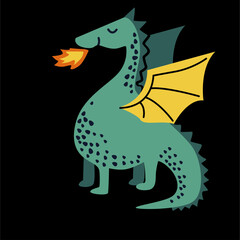 Green dragon on fire cartoon hand drawn illustration vector 