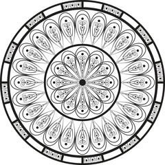 A vintage floral mandala design with intricate patterns and golden accents, featuring circular and ornamental elements in an antique style, perfect for décor and decoration