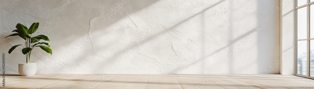 Poster soft sunlight streams through a large window in a cozy, empty room with off-white plaster walls and 