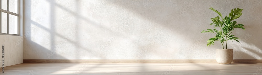 Poster the room features off-white textured plaster walls and a warm wooden floor illuminated by soft sunli