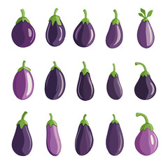 Very Simple flat 2D icon eggplant set isolated on a white background, vector, flat design, animation, simple flat 2D icon, clipart
