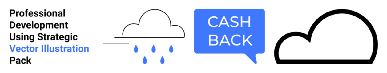 Cloud raining droplets, blue speech bubble reading CASH BACK, bold black cloud icon. Ideal for weather, savings, branding, cloud storage, finance, digital ads flat landing page banner