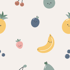 Seamless pattern with cute fruits and berry. Kids background. For card, posters, banners, books, printing on the pack, clothes, fabric, wallpaper, textile or dishes.
