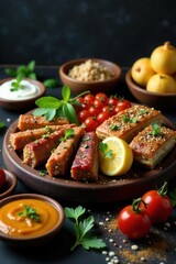 Assorted Middle Eastern mezze, kebabs, and baklava Dark rustic background , lunch, colorful, baklava