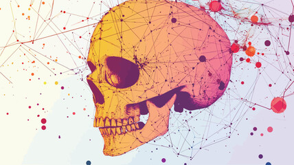 A digital illustration depicting a human skull in profile view. The skull is rendered in a gradient of orange, pink, and purple hues.  A network of interconnected lines and nodes is overlaid on the