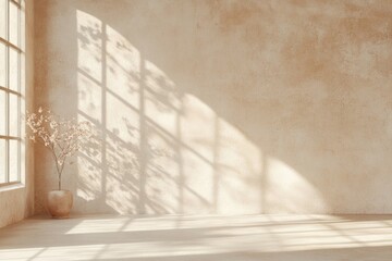 Natural Light Creates Serene Shadows on a Minimalistic Interior With a Vase and a Flower Against a Textured Wall