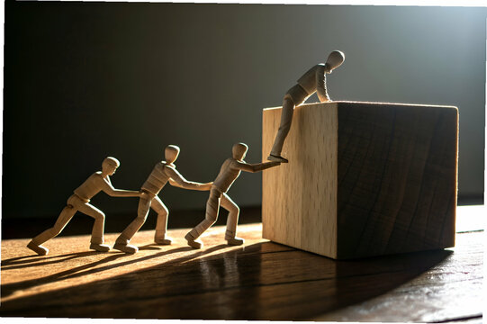 group interactions, Human figures collaborate and support each other to reach a higher goal by climbing a block symbolizing teamwork and effort in overcoming challenges