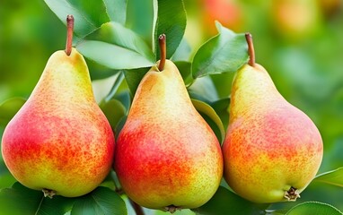 Three Ripe Red and Yellow Pears on Branch